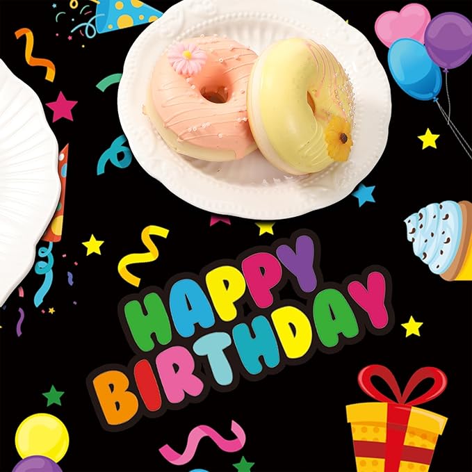 Oudain 3 Pcs Happy Birthday Tablecloth Decorations 84 Inch Plastic Disposable Round Table Covers Waterproof Colorful Balloons Confetti Tablecloth for Women Birthday Party Supplies Baby Shower(Black)