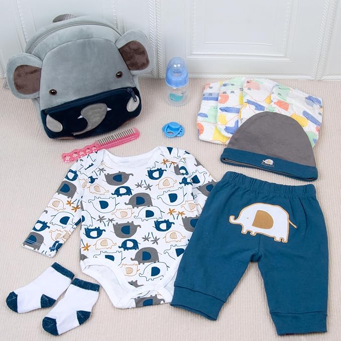 12 Pcs Reborn Baby Doll Clothes Set for 17-22 Inch Babydolls, Elephant Reborn Baby Doll Accessories and Clothes with Plush-Finish Backpack and Elephant Set for Realistic Babydolls Girls, Blue, White