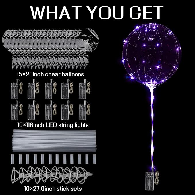 LED Balloons Light Up, 10 Pack LED Balloons with Sticks, 20 Inch Clear Bobo Balloon with Lights Helium Glow Bubble Lights for Party Supplies Valentines Decor (Purple)