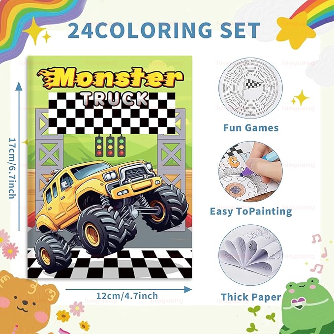 BenLouis 24 Pcs Monster Truck Mini Coloring Books Kids Monster Car Party Favors Small Activity Books Bulk for Kids Monster Truck Birthday Goodie Bags Stuffers Return Gifts Classroom Travel
