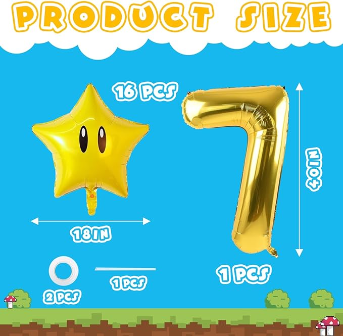 16PCS Foil Star Balloons, Star and 40Inch Number 7 Foil Balloons For Game Theme 7th Birthday Party Decorations Children Party Supply Party Decor （7th）
