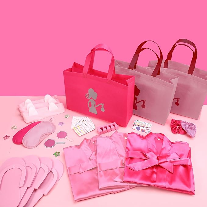 122 Pcs (9 Pink, 1 Hot Pink) Girls Spa Party Kit, 10 Pack Slumber Party Favors with Satin Robes, Tote Bags, and Nail Salon Accessories for Kids Spa Birthday, Halloween, Home Party Supplies