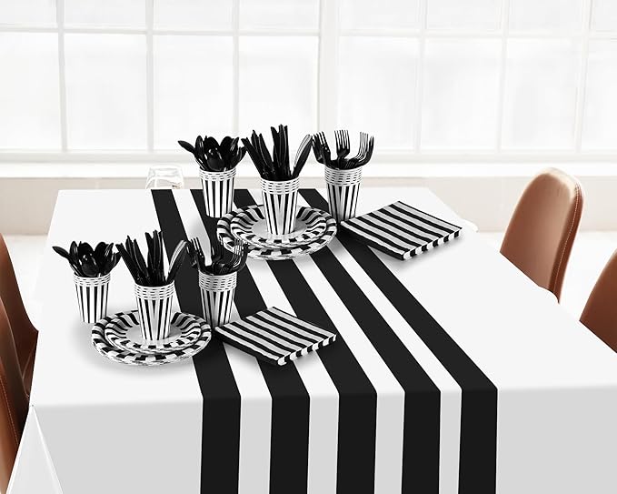 154 Pcs Black & White Party Supplies Disposable Dinnerware Set - Striped Tablecloth, Plates, Cups, Napkins, Cutlery for Wedding Birthday Party Supplies