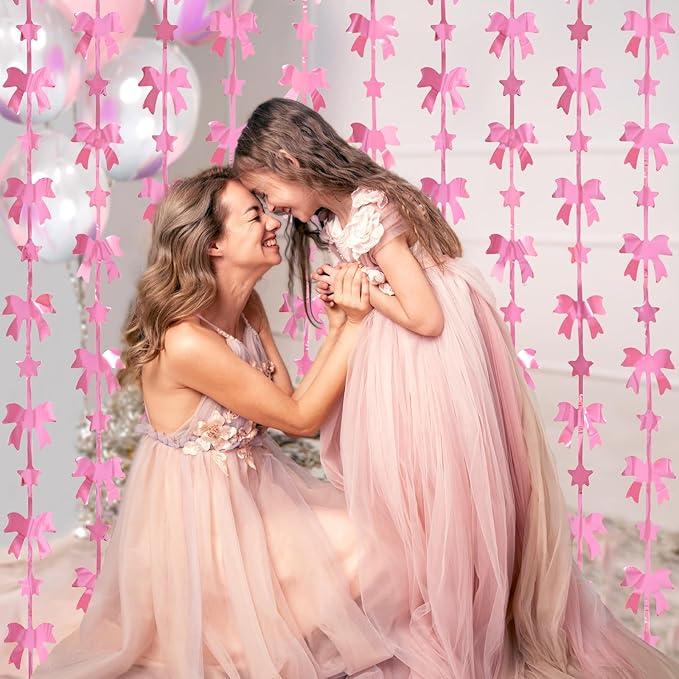 Bow Party Decorations, 2 Pack Pink Coquette Birthday Party Supplies, 3.3 X 6.6 ft Foil Fringe Curtains, Pink Bow Photo Booth Props Backdrop for Girls, Baby Pink, Bridal Shower Party Decor