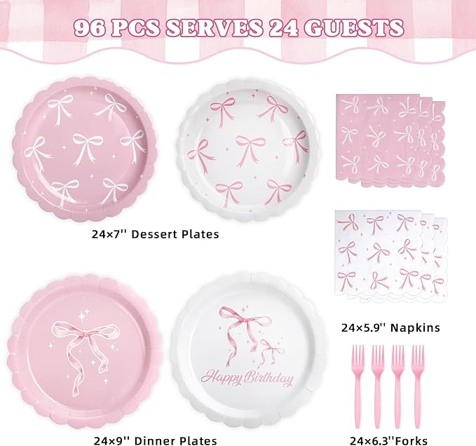 96 Pcs Pink Bow Plates and Napkins Tableware Set (Serve 24), Bow Birthday Decorations, Party Supplies Include Plates Napkins Plastic Forks, Pink Birthday Decorations