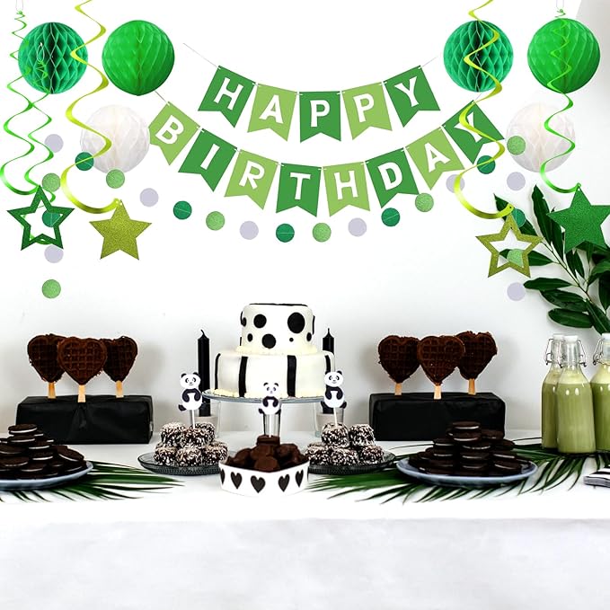 Green and White Birthday Decorations, Happy Birthday Banner with Green Star Hanging Swirl Streamers Honeycomb Balls Paper Circle Garland For Party Supplies