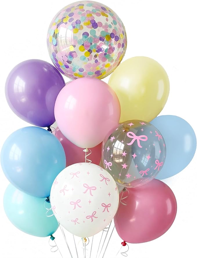 Pastel Bow Balloons Macaron Rainbow Balloon Birthday Decorations, 55 Pcs 12 In Pastel Colorful Pink Bows Print Balloon Blue Purple Yellow Confetti Balloon for Kids Girls Princess Easter Bridal Shower