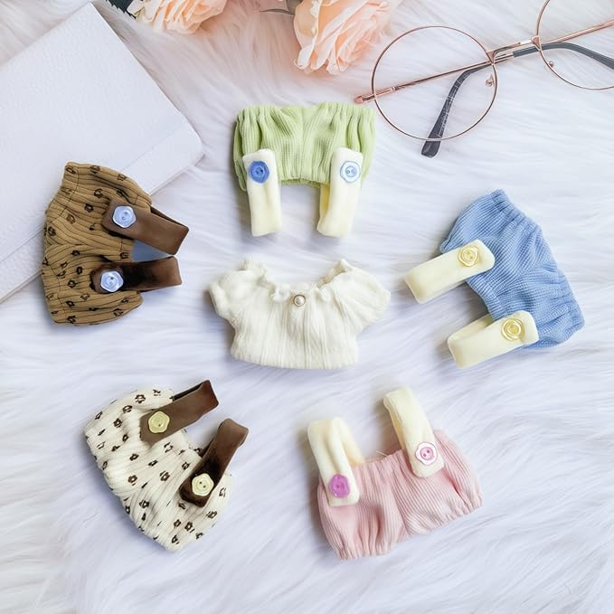 Clothes for Lu bubu 17cm Dolls Accessories(No Doll), Cute Outfit Set 5 Pieces Bib Pants for 17cm Doll Suit, Stylish Dress Up Overalls Doll Clothing Set Replacement with Hat Clothes Shoes Beige