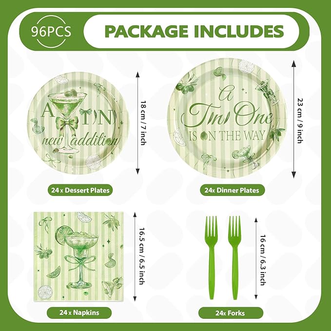 96Pcs Martini Theme Baby Shower Party Supplies A Tini New Addition Plates and Napkins A Tini One Is On The Way Tableware Set for Martini Theme Baby Shower Birthday Party Supplies，Serves 24