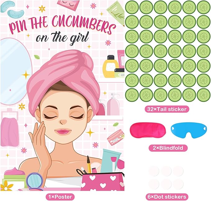 Hxezoc Spa Party Games Pin The Cucumbers on The Girl With 42 Pcs Cucumber Stickers, Large Spa Party Games Poster for Kids Girls Women Spa Birthday Party Carnival Supplies