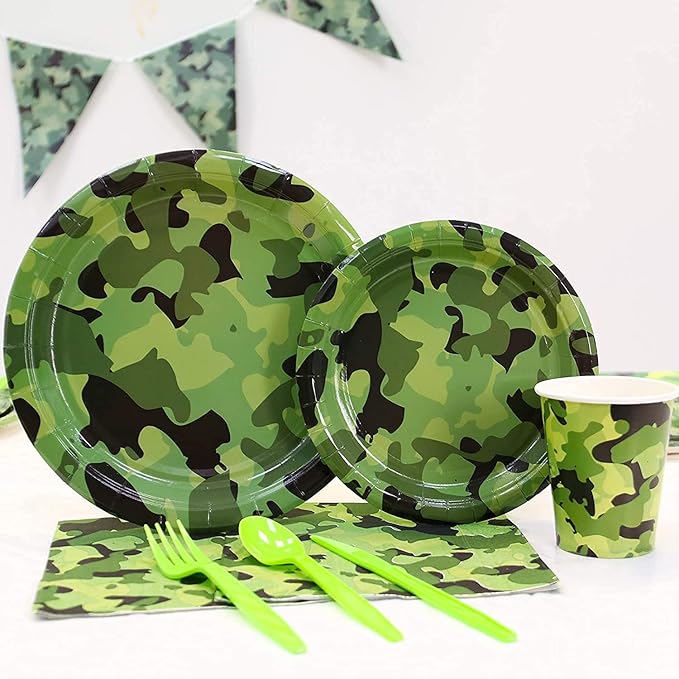 Camouflage Party Supplies Tableware Set Including Camouflage Paper Plates Cups Napkins Straws Serves 16 for Birthday Baby Shower Party