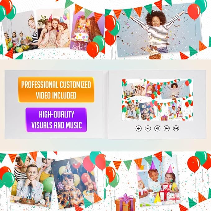 Kids Personalized Birthday Video Card – Upload Photos for a Unique Gift – Custom Video Greeting with Slideshow – 7” LCD Display, Rechargeable Battery, 512MB Memory