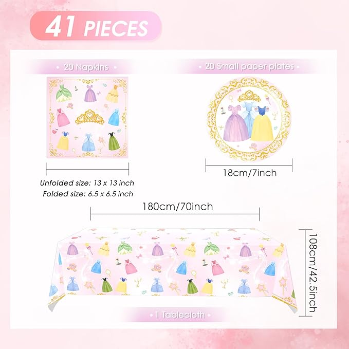 41Pcs Princess Birthday Party Decorations,Pink Prnss Themed Tableware Set,Include Princess Plates,Napkins,Tablecloth,for Baby Showers,Girls Birthday Party Decorations,Kids Party Setup,Serves 20