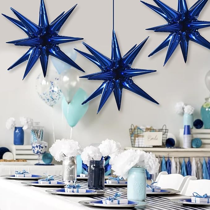 TONIFUL 4 Pcs 22inch 4D Navy Blue Explosion Star Mylar Balloons 14Point Star Balloons for Party Backdrop Christmas,New Year Birthday, Wedding Baby Shower Anniversary Photo Booth Supplies