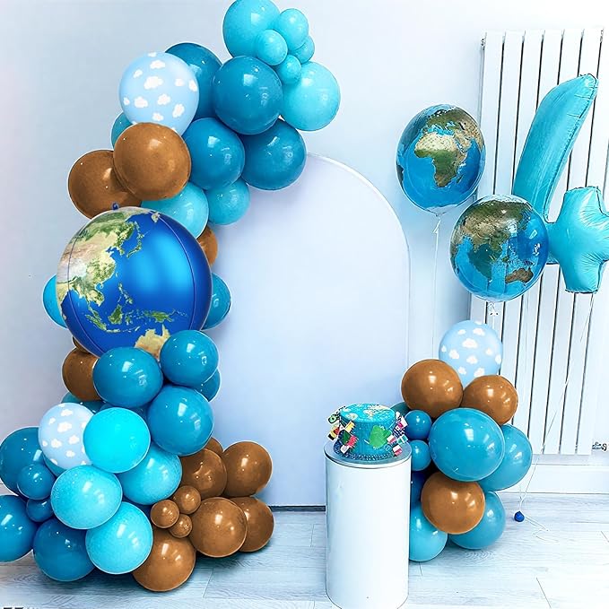 Earth Balloons, 12 Inch Dusty Blue Coffee Cloud Print Balloon with Earth Globe Foil Balloons for Boys Travel Theme Space Theme Party Earth Day Retirement Party Decorations