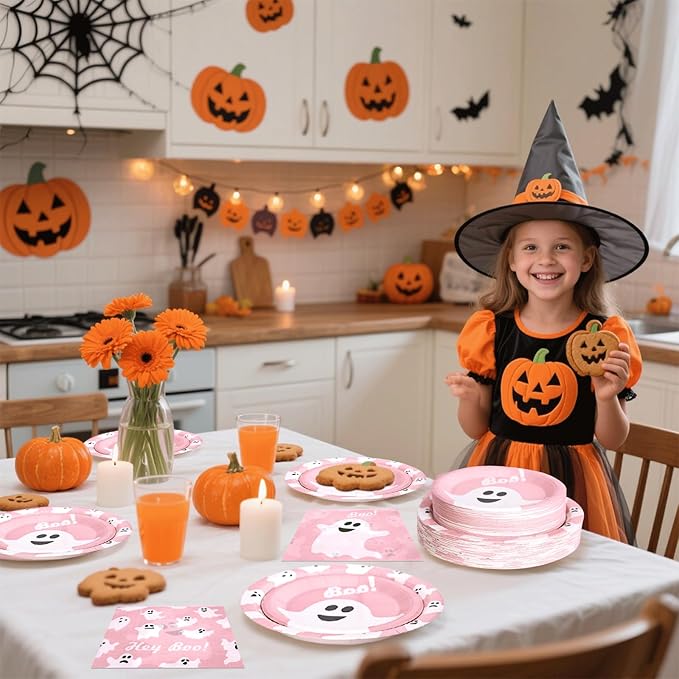 180Pcs Halloween Party Supplies Serve 60,Pink Ghost Paper Plates and Napkins Disposable Dinnerware Kit,for Trick or Treat Birthday Party Decorative
