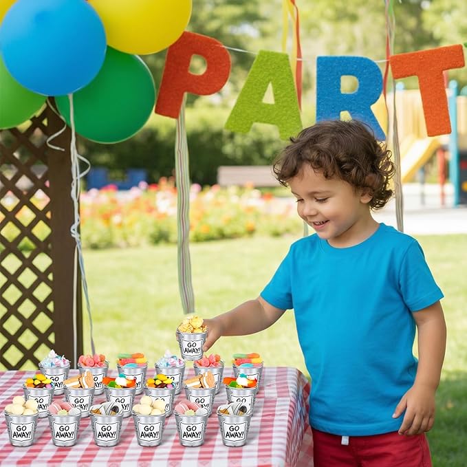 24 Set Street Theme Party Supplies Cartoon Party Mini Buckets with Go Away Stickers Funny Treat Pails Cookie Candy Holders Street Birthday Decors for Birthday Baby Shower Classroom Favors