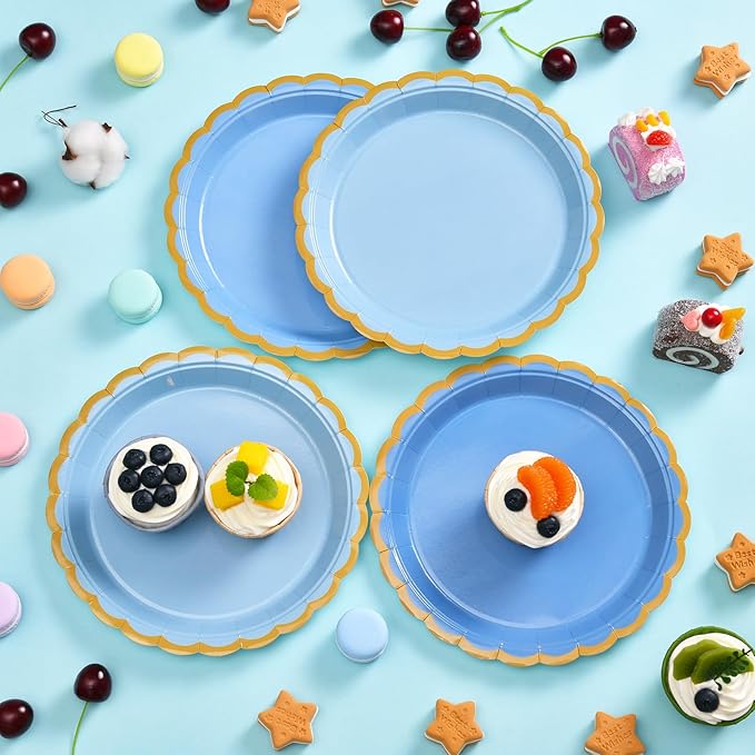 96 Pcs Blue Scalloped Party Paper Plates, 9 Inch Cute Blue Disposable Dessert Baby Bridal Shower Dinner Birthday Cake Paper Plates for Party Bridal Baby Girl Shower Wedding Supplies