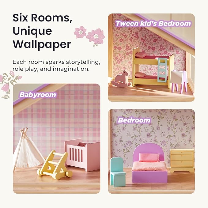 Tiny Land Wooden Dollhouse for Girls - 6 Rooms Wooden Doll House, DIY Pretend Doll House with 31Pcs Furniture Accessories, Creative Gift for Girl Ages 3+ (Unicorn Purple)