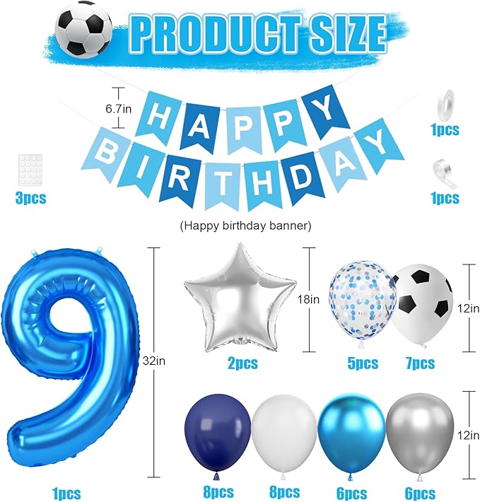 Soccer Party Decorations for Boys, 9th Soccer Birthday Decoration with Blue White Silver Balloons 'HAPPY BIRTHDAY' Banner Cake Toppers 32in Foil 9 Balloon for Boys Birthday Decor