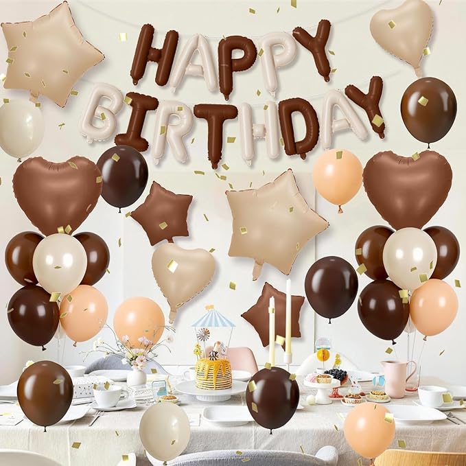 Cream Brown Birthday Decorations Boho Neutral Nude Brown Coffee Beige Apricot Sand White Balloons Happy Birthday Banner Heart Balloons 18/10 Inch Star Balloon for Women Bday Party Supplies