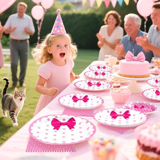 Grencian 96Pcs Pink Cat Party Decorations Pink Bow Cat Plates and Napkins Disposable Cute Cats Paper Tableware Set for Girls Baby Bridal Shower Birthday Wedding Party Supplies, Serves 24