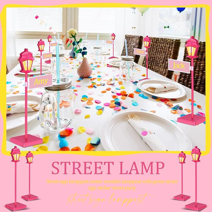 6 Pcs Street Sign Lamp Post Centerpiece Wooden Lamp Post with Street Party Sign Sticker for Toy Decor Friend Birthday Party Supplies Decoration(Pink)