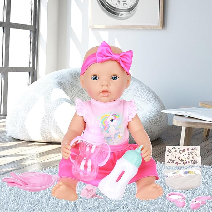 Ecore Fun 15 Pcs Baby Doll Diaper Bag with Clothes and Accessories,Doll Alive Feeding and Caring Set for 16-18 Inch Dolls,Include 16 inch Girl Doll Clothes,Bottles, Pacifier,Bib,Diaper