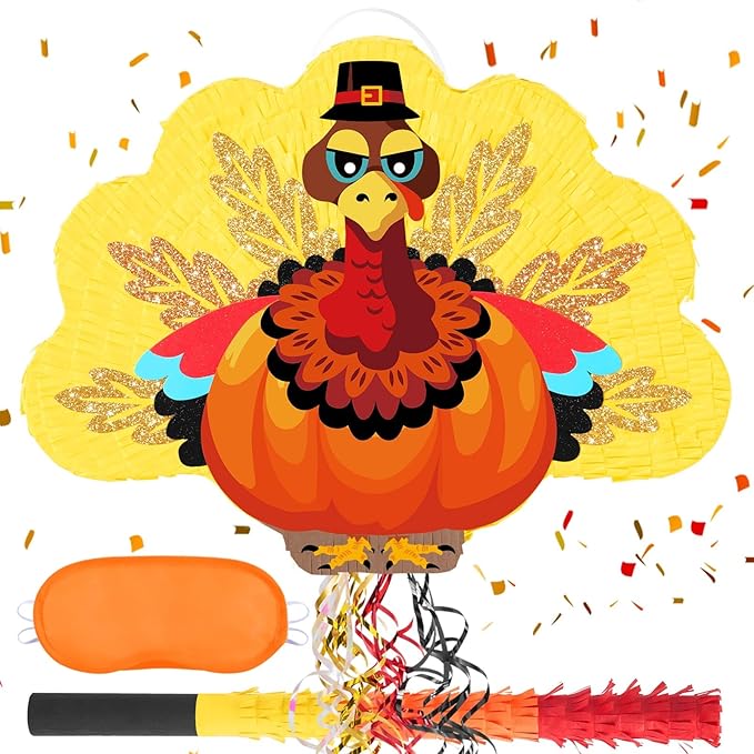 WERNNSAI Thanksgiving Turkey Piñata - Fall Autumn Decorations Gentle Turkey Piñata Orange Thanksgiving Party Games Autumn Decorations for Home Fall Festival Party Favors with Blindfold