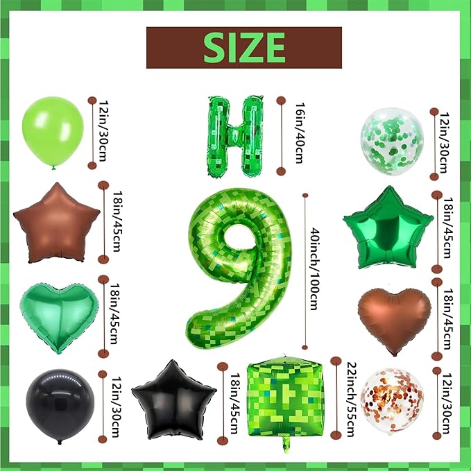 34Pcs Pixel Happy Birthday Party Decorations Set Green Pixel Miner Number 9 Foil Balloon Large Mylar Mining Theme 9th Number Balloons Video Game Party Supplies Cubes Boxes Decor