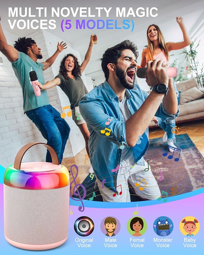 Mini Party Karaoke Machine Toy for Kids Audlts, Portable Led Karaoke Toy Speaker with 2 Wireless Microphones for Girls Boys Birthday, Holiday Stocking Stuffer Party Favors Supplies