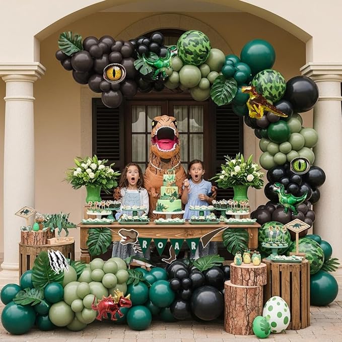 Dinosaur Birthday Party Decorations Includes Green and Brown balloon arch & Cute Small dino Foil balloons & Banner Footprint Sticker for kids jungle Safari dino ROAR Themed Supplies