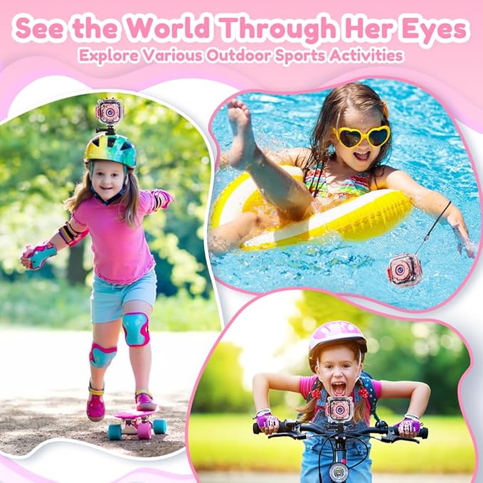 PROGRACE Kids Underwater Camera & Pool Toy - IP68 Waterproof Action Camera for Girls Ages 3-12 with 1080P Video, 32GB Card, Bike Mount, Birthday Gift for Swimming, Diving, Riding, Snorkeling