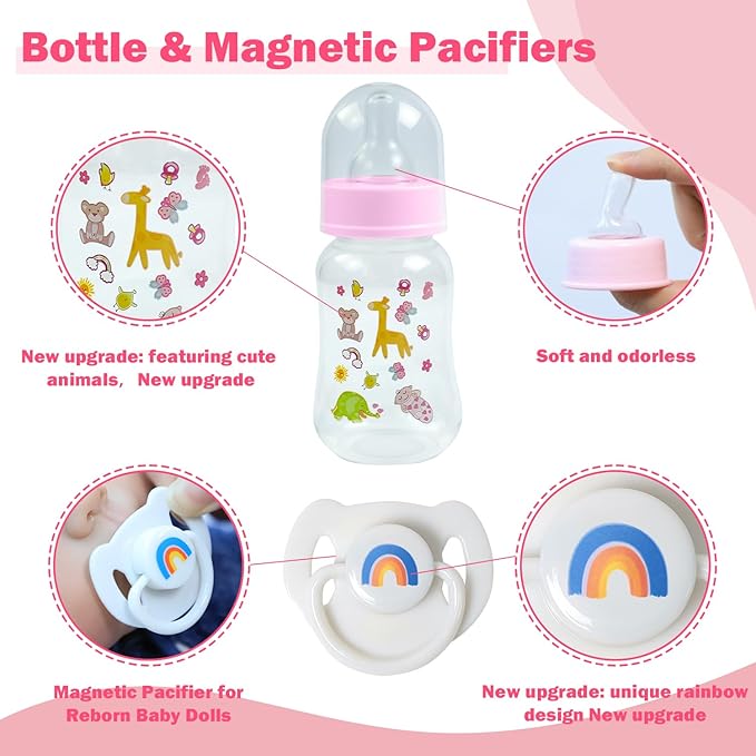 SCOM Reborn Baby Doll Accessories Set - Rainbow Magnetic Pacifiers & Removable Reusable Baby Doll Bottles with Silicone Pacifier Clips for Reallife Realistic Reborn Dolls Girls Boys, Pink Style, 3 Pcs