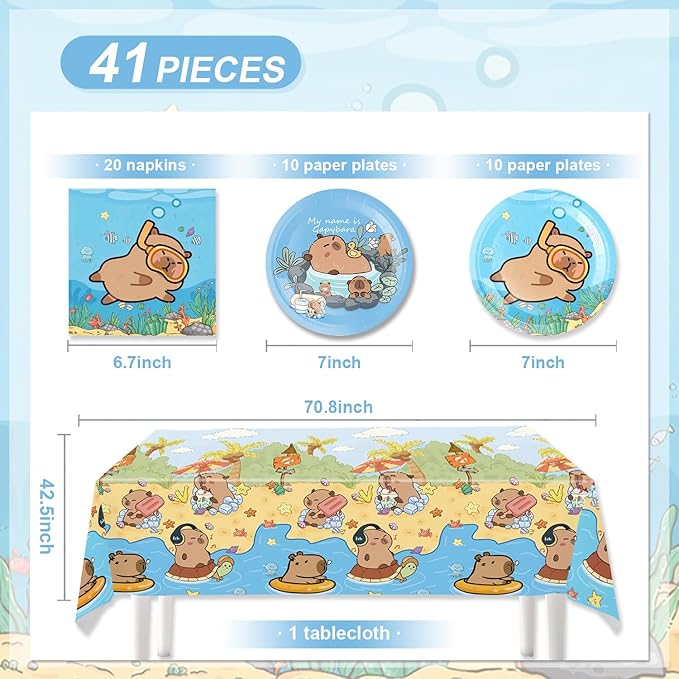 41pcs Capybara Party Supplies,Kapybara Birthday Party set Include dessert plate,Napkin and Tablecloth,Used for Capybara Birthday Party Decoration