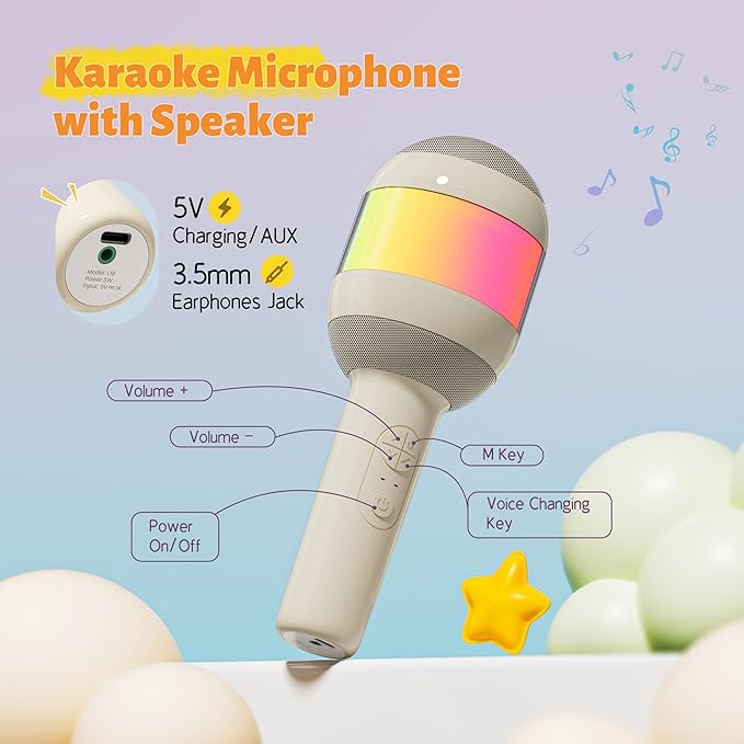 Karaoke Machine for Kids Adults, Portable Bluetooth Microphone Song Toys with LED Light, Best Chritmas Birthday Festival Party Gift for 3 4 5 6 7 8 9 10 11 12+ Year Old Girls Boys (Beige)