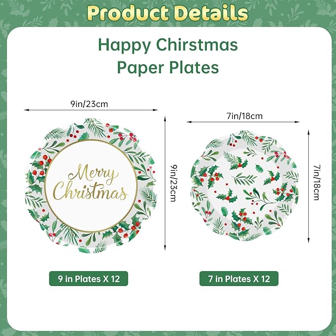 24 Pcs Merry Christmas Paper Plates Set - Disposable Round Christmas Plates, Holly Leaf Red Berry Dinner Dessert Plate Paper Dinnerware Kit for Winter Xmas Party Table Decorations Supplies Favors