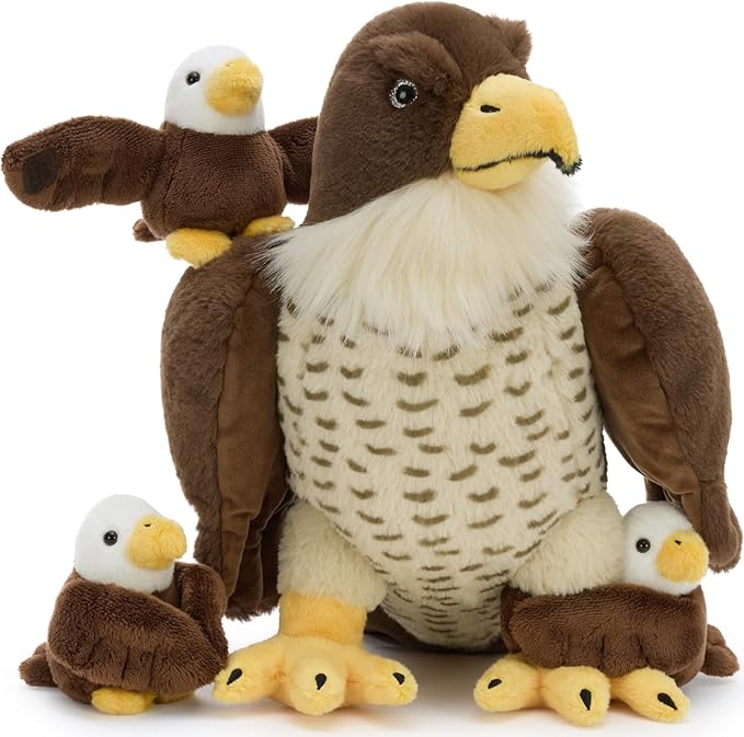 4 Pcs Peregrine Falcon Stuffed Animals Family Set - Big Parent Falcon Plush 14" - Included 3 Detachable Baby Birds with Magic-Tab Wings