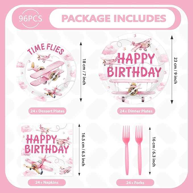 96Pcs Airplane Birthday Party Decorations Pink Airplane Aircraft Plates and Napkins How Time Flies Decorations for Girls Little Pilot Aviation Theme Birthday Baby Shower Party Supplies Serves 24