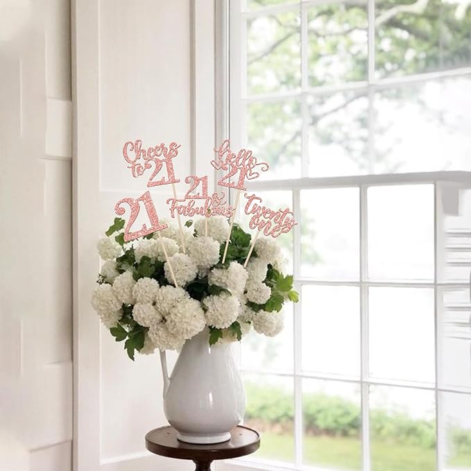 15PCS Happy 21st Birthday Centerpiece Sticks Twenty One Hello 21 Cheers to 21 Table Flower Centerpieces Sticks 21 Fabulous Floral Decorations for Happy 21st Birthday Party Centerpieces Rose Gold
