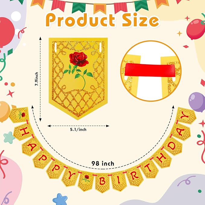 Ctosree Yellow Beauty Princess Party Supplies 8.2ft Happy Birthday Banner Signs Yellow Rose Flag Hanging Bunting Banner Flag for Photo Props Birthday Party Decoration