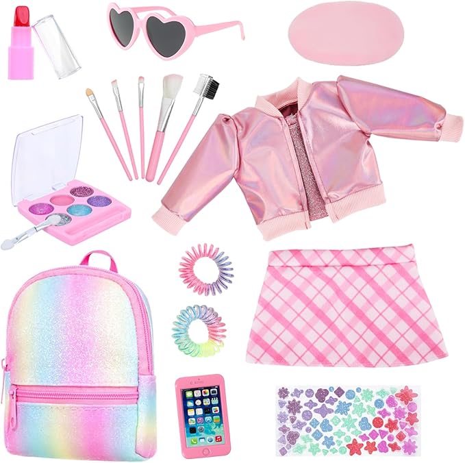 Ecore Fun 17 Pcs American 18 Inch Doll Accessories Cosmetic Set with Backpack & Outfits | Pretend Play Makeup Kit for 18" Dolls | Includes Lipstick, Eyeshadow, Brushes, Accessories & Stylish Clothes