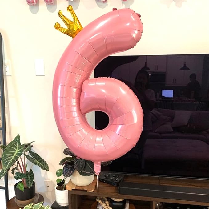 Large Number 6 Balloons, Light Pink 40 Inch Foil Number Balloon for Women, Crown Pearl Pink Self Inflating 0-9 Set Balloons for Girls 6th Birthday Party Decor Anniversary Party Decorations Supplies