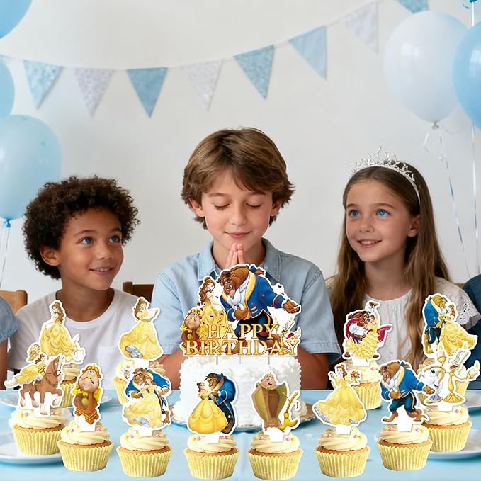 25Pcs Beauty and the Beast Birthday Party Supplies Pack Includes 1 Cake Topper 24 Cupcake Toppers for Beauty and the Beast Party Supplies