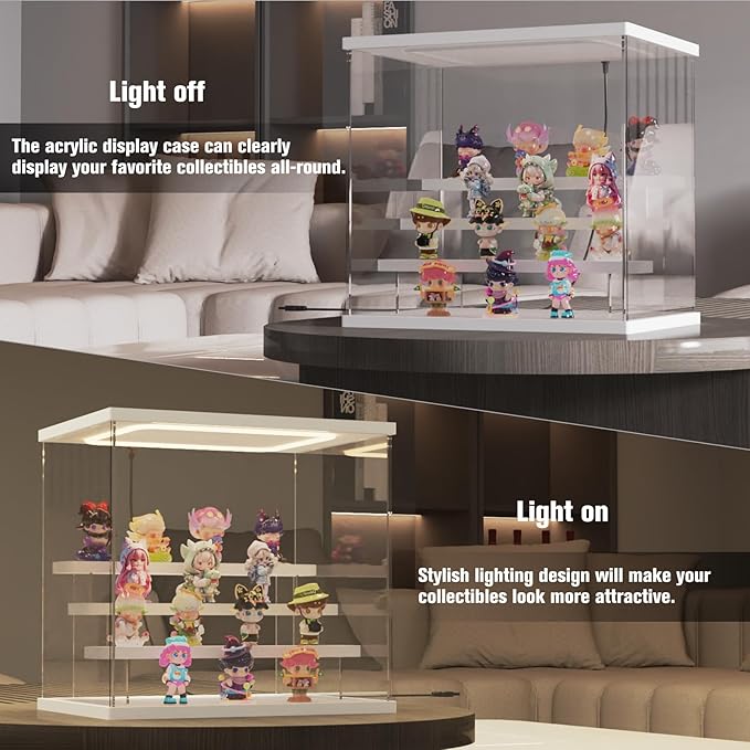 Nynelly Acrylic Lighted Display Case for Collectibles, 4 Tier Figure Display Box with Door and Steps, Assemble Dustproof LED Showcase Storage Box for Mini Figures, Funko Pop, Toys, White