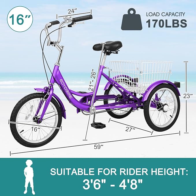 MOPHOTO 16 Inch Small Tricycle for Beginner Riders, Low Step-Through 3 Wheel Bike, Single Speed Trike with Hand Brakes, Adjustable Seat and Rear Basket, Fits Heights 3'9" to 4'9"