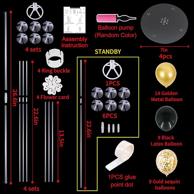 TONIFUL 4 Set Black Gold Balloon Centerpieces for Table,Balloon Stand Kit for Black Gold Party Decor 40th 50th 60th 70th Birthday Decorations Anniversary Graduation Decorations 2026 Retirement