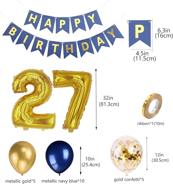 27th Birthday Party Decorations Navy Blue, Blue Birthday Banner Number 27 Foil Confetti Balloons for 27 Year Old Men Him Her Boyfriend Party Balloons Supplies(27th)