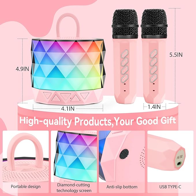 Karaoke Machine for Kids, Toys for Ages 3-12+ Year Old, Portable Bluetooth Speaker with Wireless Microphone, Birthday Easter Gifts for 3 4 5 6 7 8 9 10 11 12+ Year Old Girls Boys Toddler (pink1)