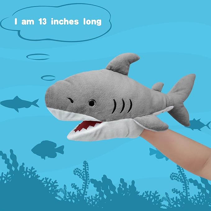 Shark Hand Puppet Realistic Plush Puppet 13", Puppets for Kids Ocean Animal Hand Puppet with Moveable Mouth,Soft Stuffed Shar k Puppet Story Toys Shark Puppets Role Play Teaching Gift